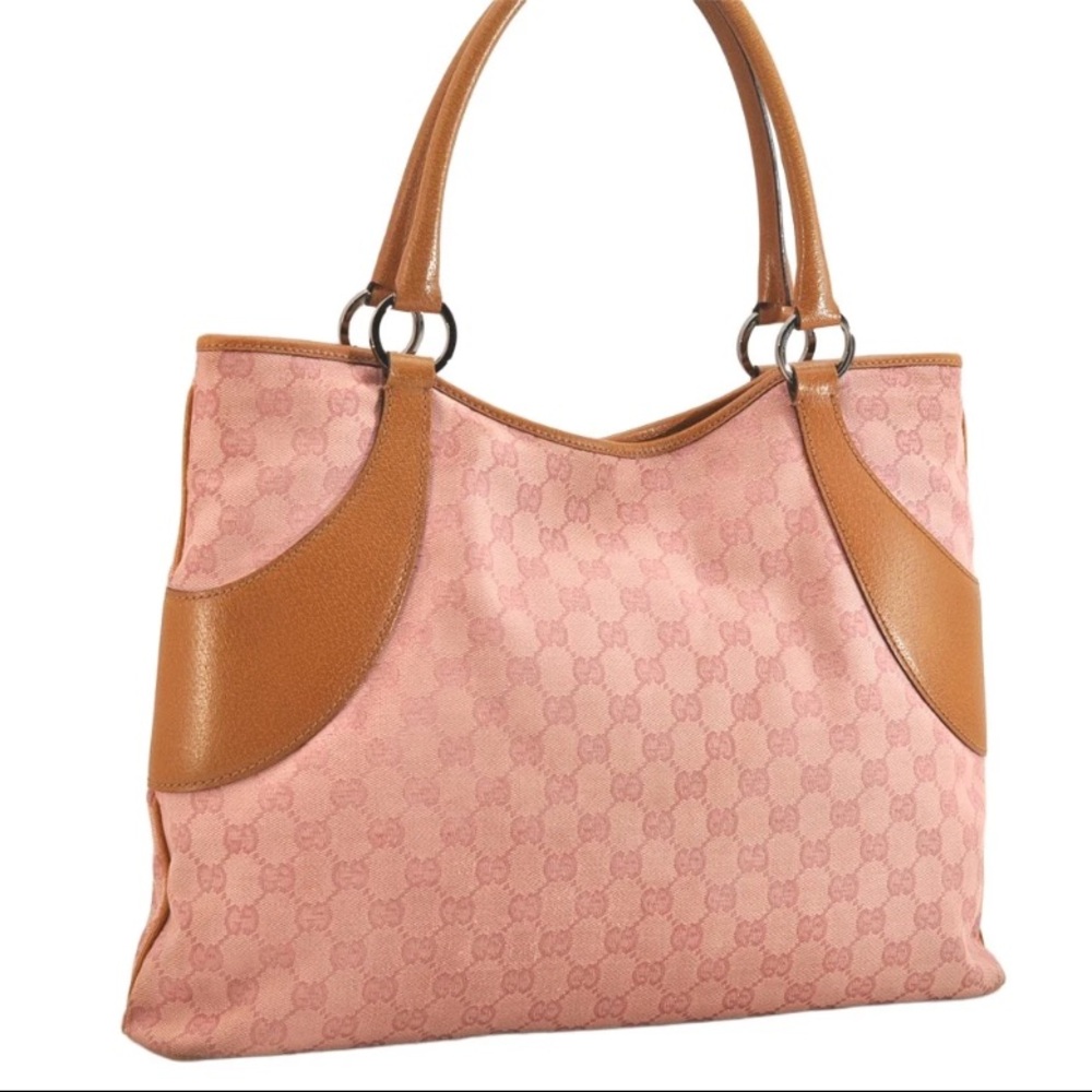 GUCCI Shoulder Hand Tote Bag GG Canvas Leather Pink